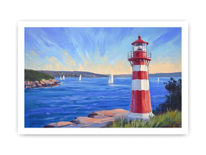 red lighthouse Canvas Print with sailboats