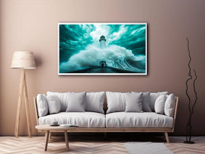 Teal storm lighthouse Canvas Print with giant wave