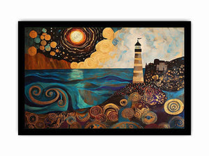 Surreal coastal lighthouse Canvas Print with moon, ocean waves, and harbor village