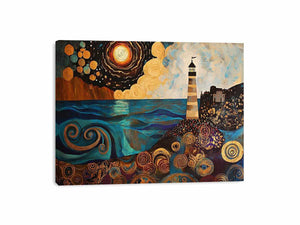 Surreal coastal lighthouse Canvas Print with moon, ocean waves, and harbor village