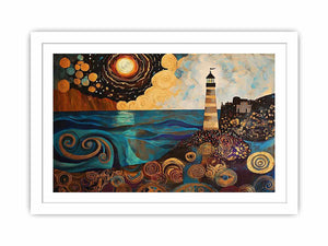 Surreal coastal lighthouse Canvas Print with moon, ocean waves, and harbor village