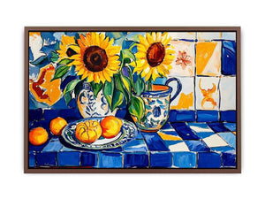 Sunflower and lemon still life Canvas Print with blue tiles