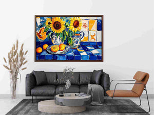 Sunflower and lemon still life Canvas Print with blue tiles
