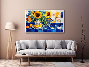 Sunflower and lemon still life Canvas Print with blue tiles