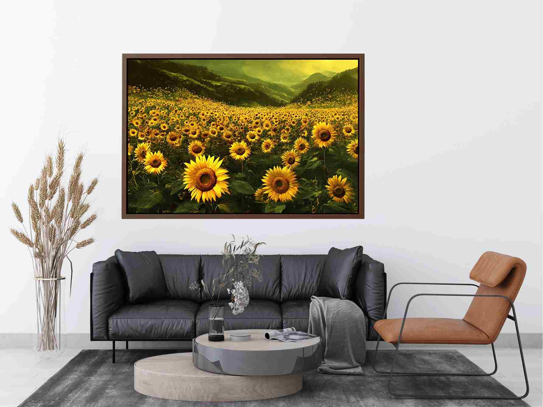 Panoramic sunflower valley landscape canvas art for a calm modern living room.