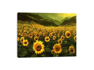Panoramic sunflower valley landscape canvas art for a calm modern living room.