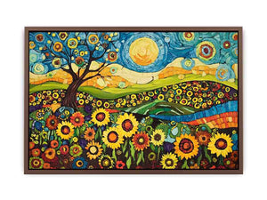 Whimsical sunflower meadow Canvas Print with tree and blue sky