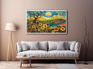 Whimsical sunflower meadow Canvas Print with tree and blue sky