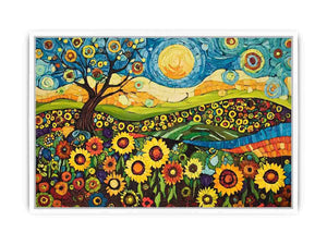 Whimsical sunflower meadow Canvas Print with tree and blue sky