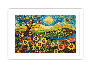 Whimsical sunflower meadow Canvas Print with tree and blue sky