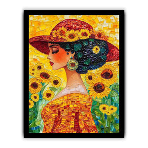 Elegant woman portrait Canvas Print with sunflowers and red hat