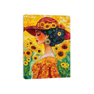 Elegant woman portrait Canvas Print with sunflowers and red hat