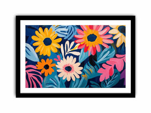 Colourful floral Canvas Print with daisies and blue leaves