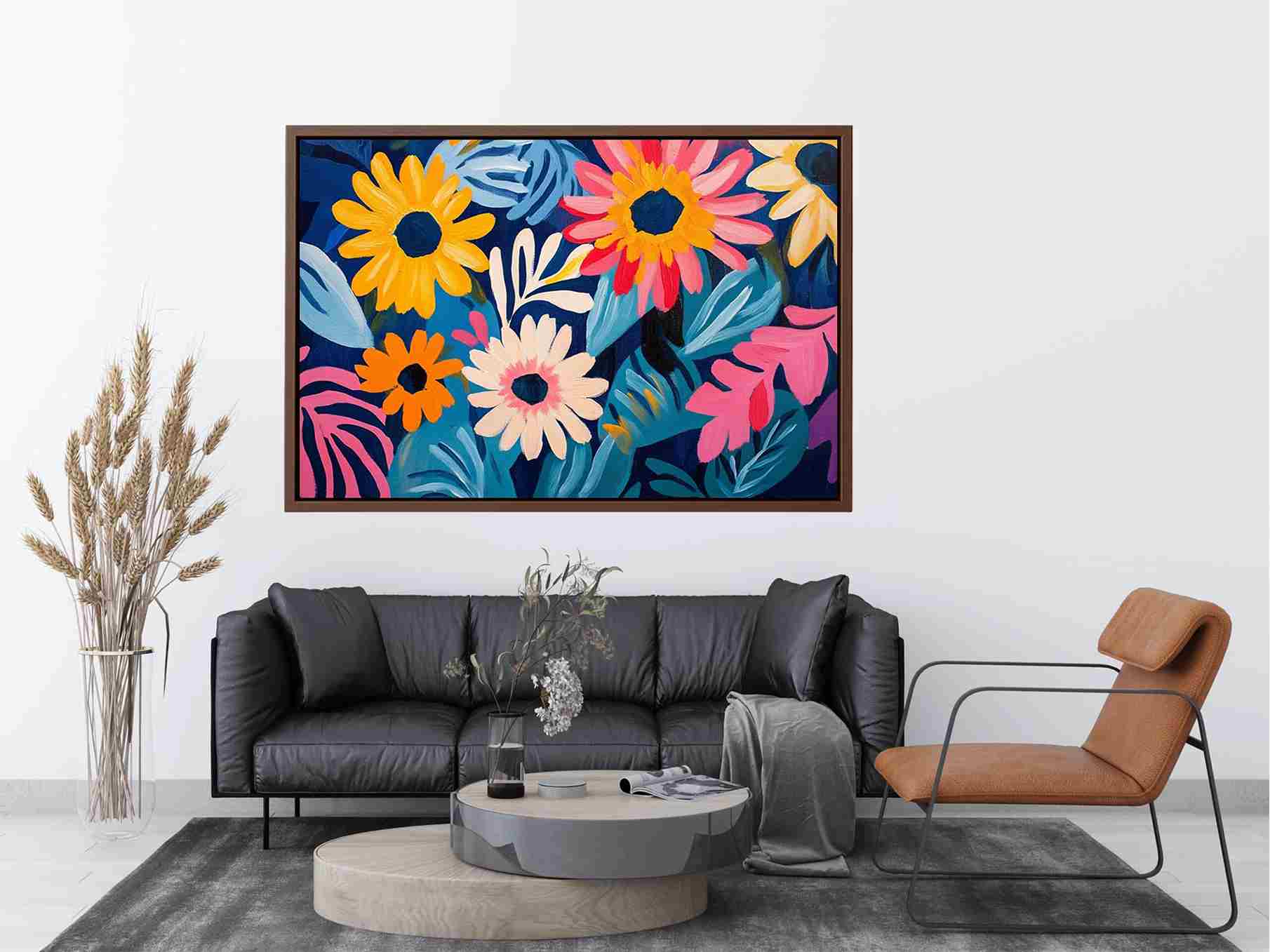 Colourful floral canvas art with daisies and blue leaves for modern living room decor.