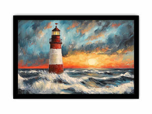 Coastal lighthouse Canvas Print with crashing ocean waves and sunset sky