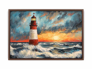 Coastal lighthouse Canvas Print with crashing ocean waves and sunset sky
