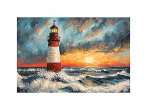 Coastal lighthouse Canvas Print with crashing ocean waves and sunset sky