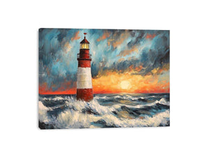 Coastal lighthouse Canvas Print with crashing ocean waves and sunset sky