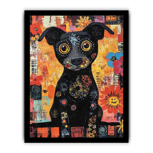 Playful black dog Canvas Print with colourful flowers