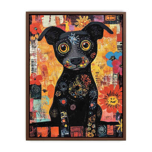 Playful black dog Canvas Print with colourful flowers