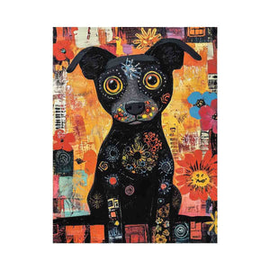 Playful black dog Canvas Print with colourful flowers