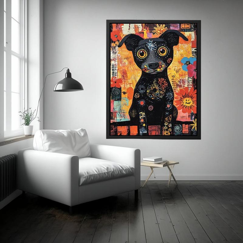 Playful black dog Canvas Print with colourful flowers