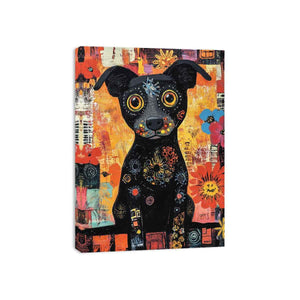 Playful black dog Canvas Print with colourful flowers