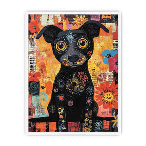 Playful black dog Canvas Print with colourful flowers