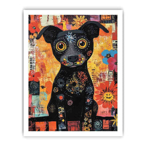 Playful black dog Canvas Print with colourful flowers