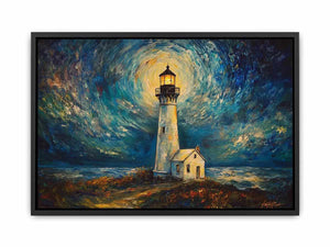 Coastal lighthouse Canvas Print with moonlit sky and ocean waves