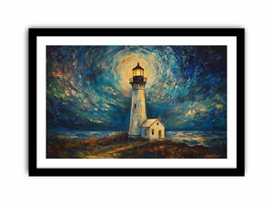 Coastal lighthouse Canvas Print with moonlit sky and ocean waves