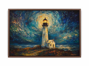 Coastal lighthouse Canvas Print with moonlit sky and ocean waves