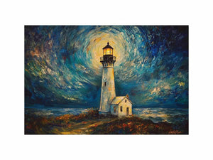 Coastal lighthouse Canvas Print with moonlit sky and ocean waves