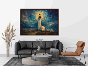 Coastal lighthouse Canvas Print with moonlit sky and ocean waves