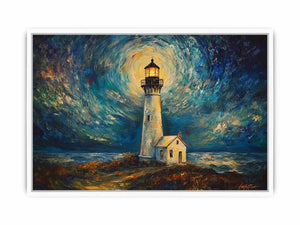 Coastal lighthouse Canvas Print with moonlit sky and ocean waves