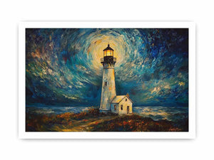 Coastal lighthouse Canvas Print with moonlit sky and ocean waves