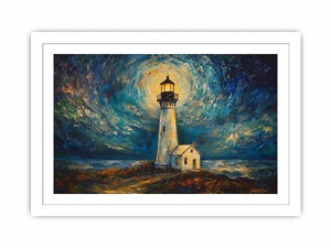 Coastal lighthouse Canvas Print with moonlit sky and ocean waves
