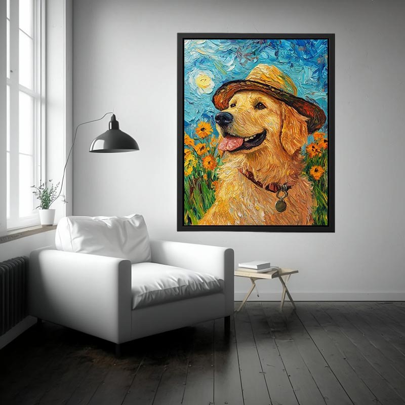 Golden retriever with straw hat Canvas Print