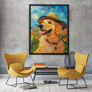 Golden retriever with straw hat Canvas Print