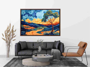 Colorful panoramic valley landscape canvas art for modern living room decor.