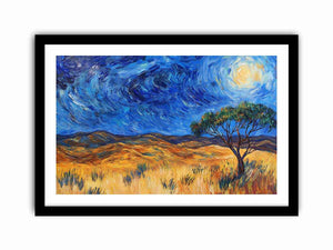 Moonlit savannah landscape Canvas Print with lone tree and swirling night sky