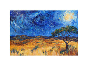 Moonlit savannah landscape Canvas Print with lone tree and swirling night sky