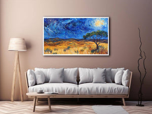 Moonlit savannah landscape Canvas Print with lone tree and swirling night sky