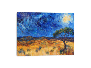 Moonlit savannah landscape Canvas Print with lone tree and swirling night sky