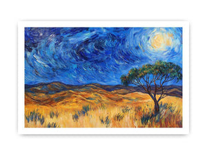 Moonlit savannah landscape Canvas Print with lone tree and swirling night sky