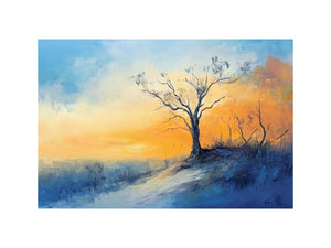 Winter hillside Canvas Print with solitary tree and soft sunrise colors