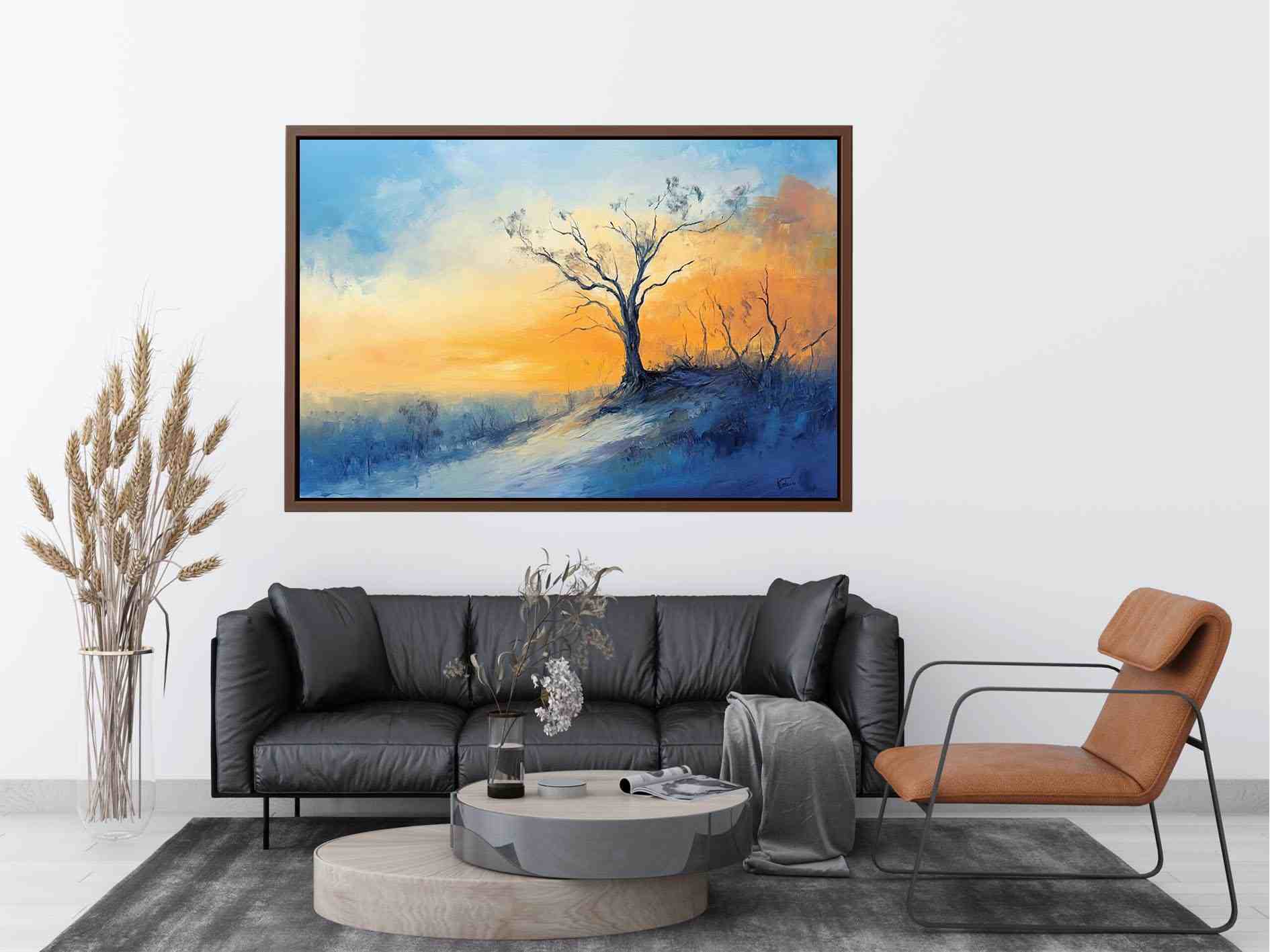 Winter hillside Canvas Print with solitary tree and soft sunrise colors