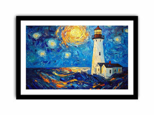 Coastal lighthouse Canvas Print with starry moonlit sky and ocean waves