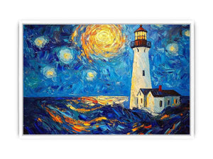 Coastal lighthouse Canvas Print with starry moonlit sky and ocean waves