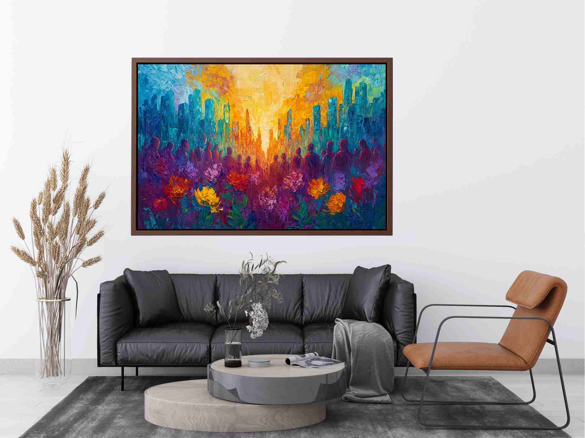 Colorful cityscape floral Canvas Print with silhouettes